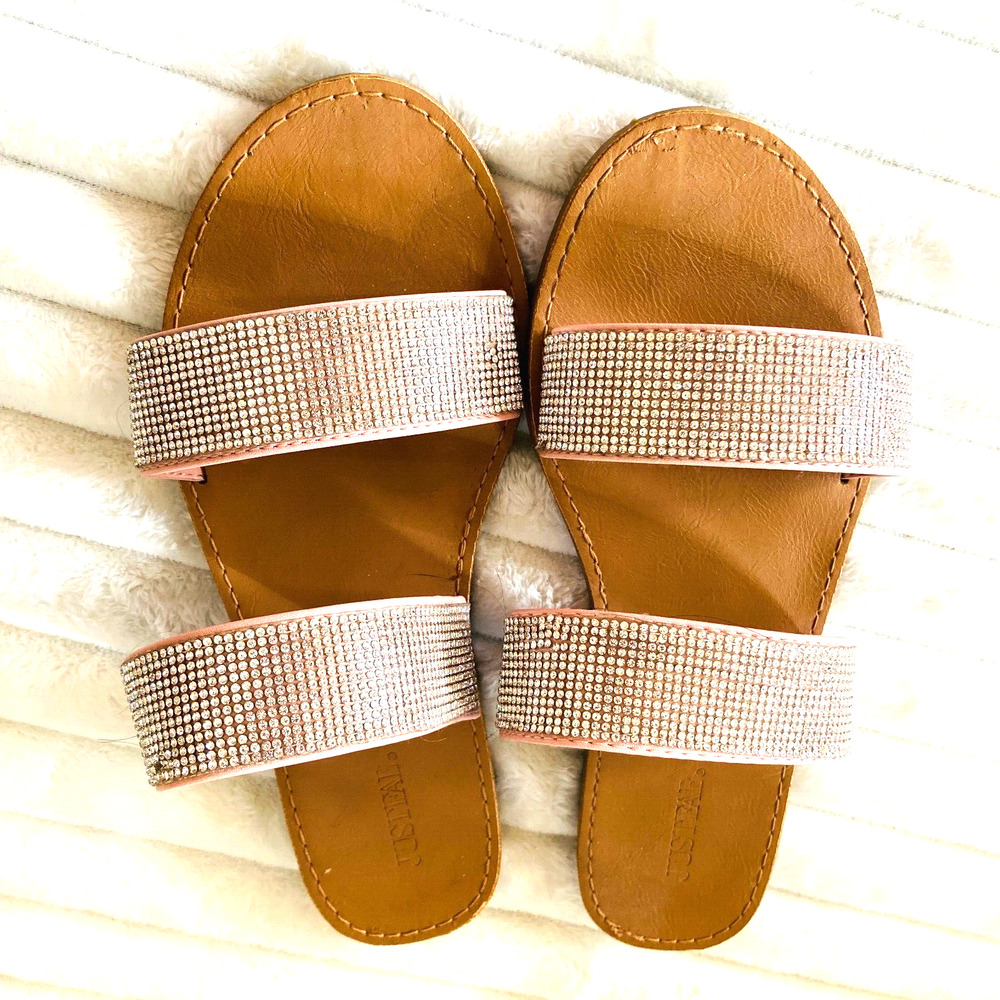 Just Fab Shoes Women Sandals 7.5 Slides Jewel Pink Thongs Sparkly Flat Strappy